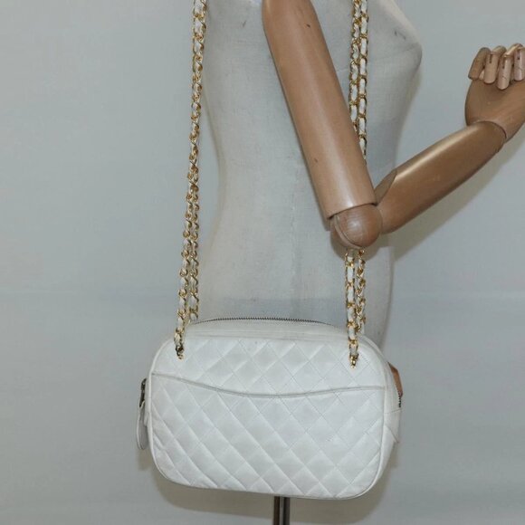 CHANEL Matelasse Chain Shoulder Bag Lamb Skin White Gold CC Auth - Picture 1 of 16
